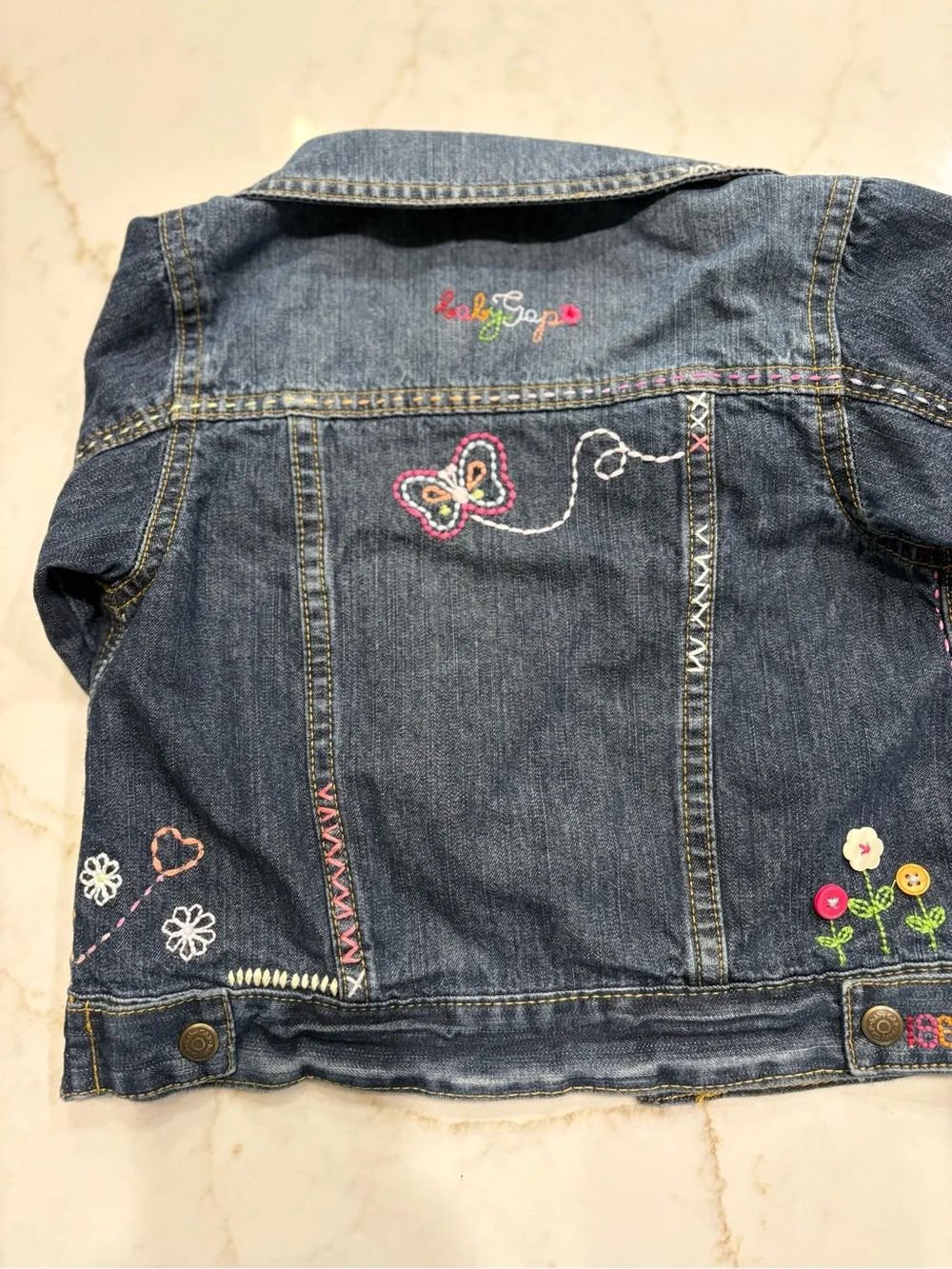 GAP Dark Blue Denim Jacket with Multicolor Embroidery, 18-24 months. EUC